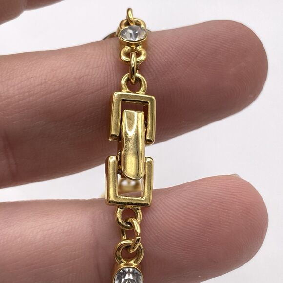 Vintage Monet Bracelet Gold tone Black enamel Clear Crystal Art Deco Geometric - Picture 4 of 5